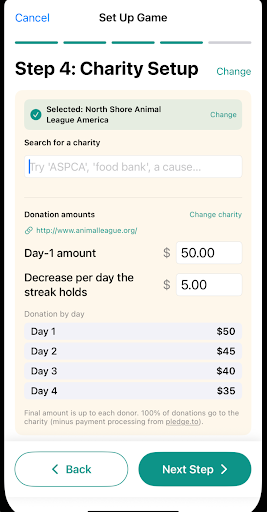 Charity setup — pick a cause, set a per-day donation, and pay only what your streak earns